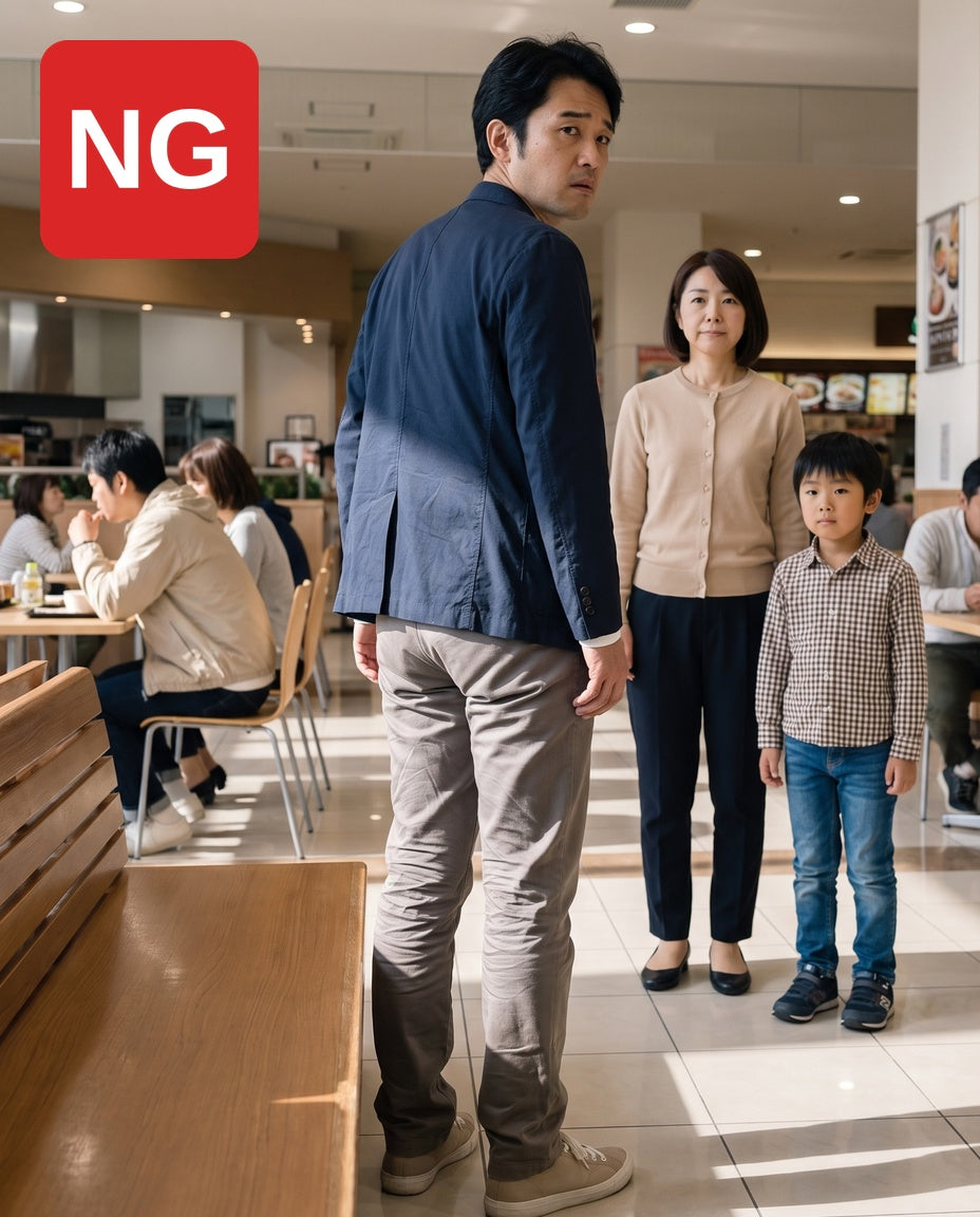 NG：座りジワが残ったパンツでモールを歩くショッピングモールコーデ