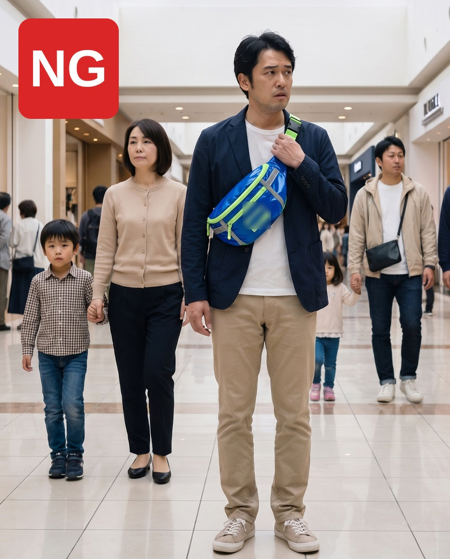 NG：パンパンに膨らんだトートバッグを両手で抱えて歩くショッピングモールコーデ