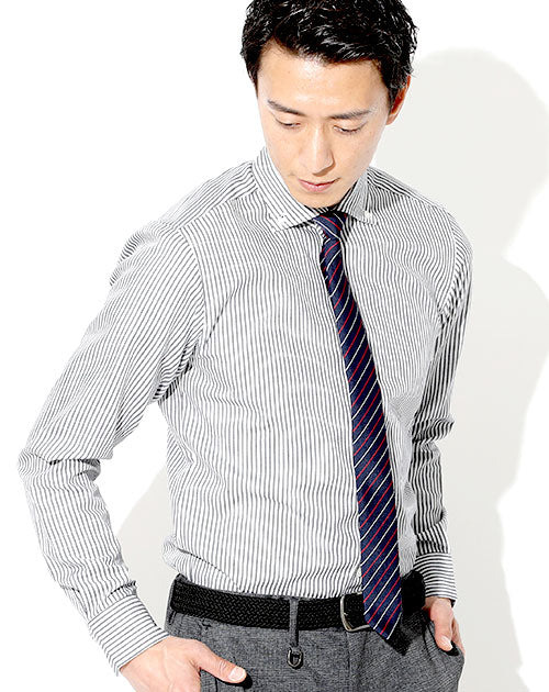 日本製 接触冷感イージーケア長袖スリムツイルストライプシャツ