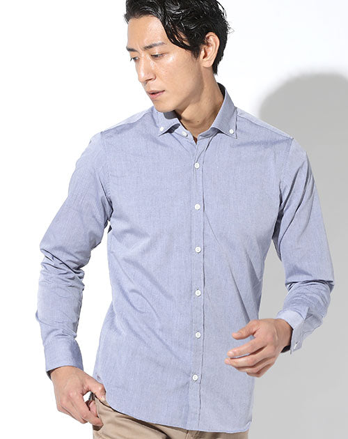 日本製 形態安定シャンブレーボタンダウンスリムビジネスカジュアルシャツ