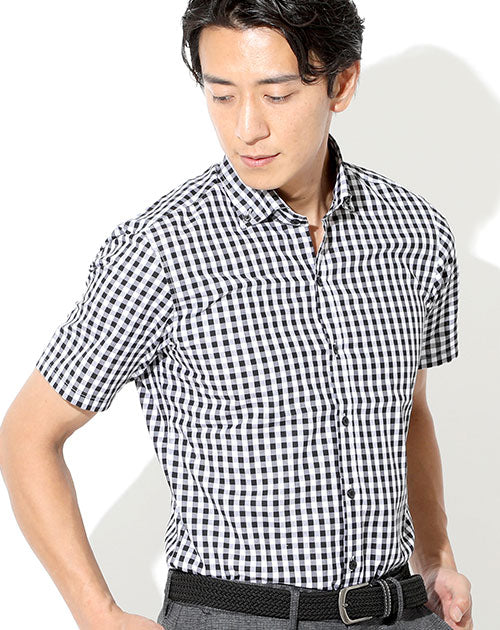 ギンガムチェックボタンダウン半袖スリムビジネスカジュアルシャツ 日本製