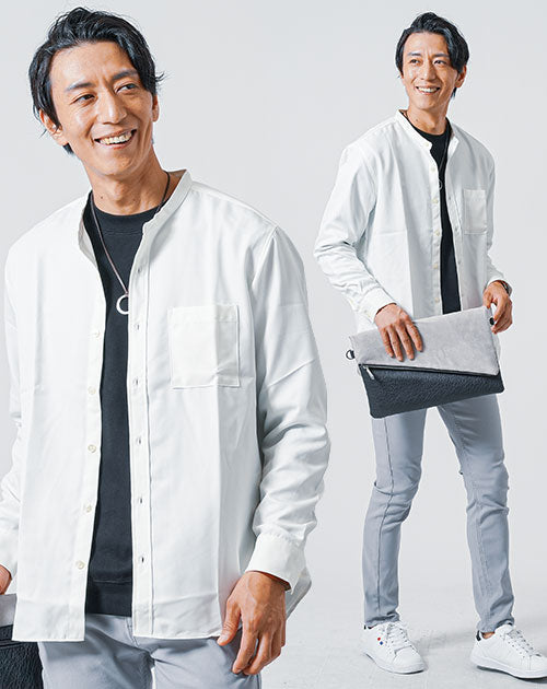 3点コーデセット　白長袖バンドカラーシャツ×黒長袖Tシャツ×グレースリムチノパンツ