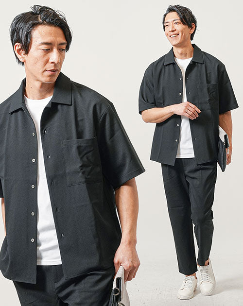 夏の3点コーデセット　黒半袖オープンカラーシャツ×白半袖Tシャツ×黒ストレッチイージーパンツ