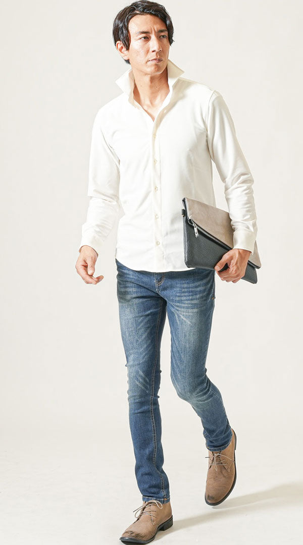 40代メンズ冬服全身2点コーデセット　白長袖シャツ×ネイビーデニムパンツ